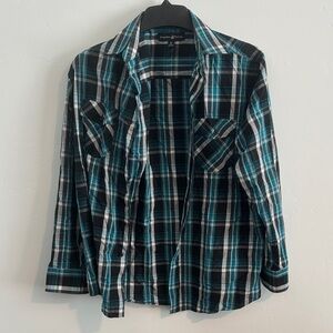 Teal, Black, and White Plaid Button-Up Shirt